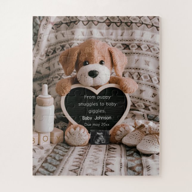 Puzzle Anuncio de embarazo y bebé niño con cachorro espon (Vertical)