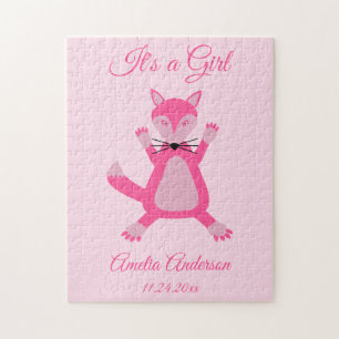 Puzzle Anuncio de nacimiento de bonito Pink Baby Girl Fox