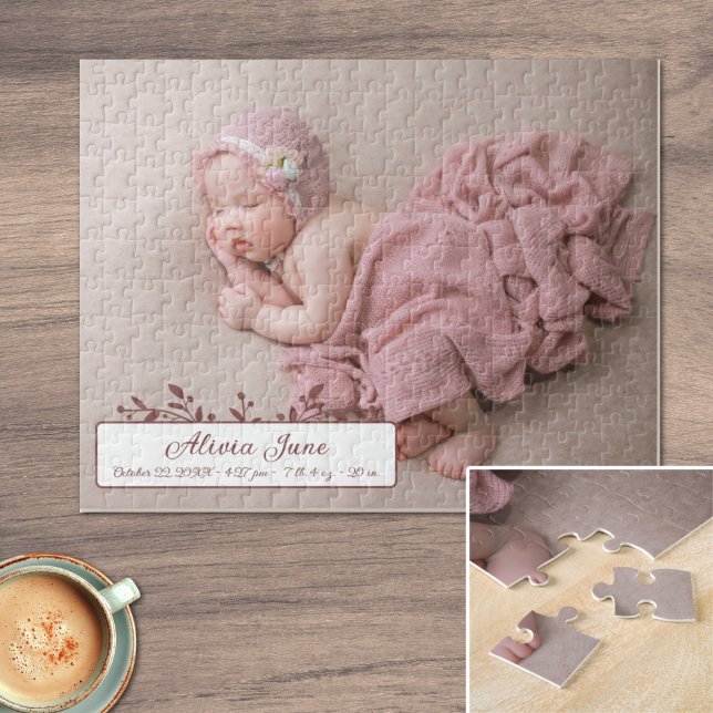 Puzzle Anuncio de nacimiento de foto de bebé personalizad (Customizable Baby Girl Birth Announcement Photo Jigsaw Puzzle)