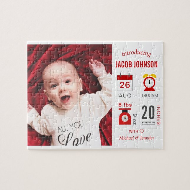 Puzzle Anuncio de nacimiento de foto infográfica roja mod (Horizontal)