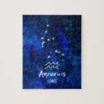 Puzzle Aquarius Zodiac Constelación Azul Galaxia Monogram<br><div class="desc">Diseño de Monograma de la Galaxia Azul de la Constelación Zodiaca Aquarius. Con el estilo de moda Brushed Script Font, textura de fondo de color azul oscuro celeste, constelación brillante y el símbolo The Water Bearer. Rótulo Astrológico Moderno Horóscopo de nacimiento, es perfecto para cualquier cumpleaños acuario del 20 de...</div>