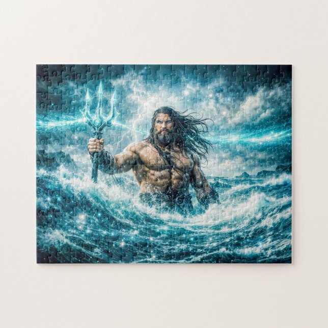 Puzzle Aquarius Zodiac with Trident Warrior in Stormy Oce (Horizontal)