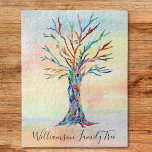 Puzzle Árbol de familia personalizado<br><div class="desc">Este moderno rompecabezas está decorado con un colorido diseño de árbol familiar sobre fondo acuático. Personalizable fácilmente con tu apellido. Porque creamos nuestra propia obra de arte no encontrarás esta imagen exacta de otros diseñadores. Mosaico original y acuarela © Michele Davies.</div>