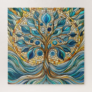 Puzzle Árbol de la Vida Mosaico de Vidrio Roto Azules Acu