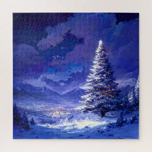Puzzle Árbol de Navidad brillante paisaje de montaña neva