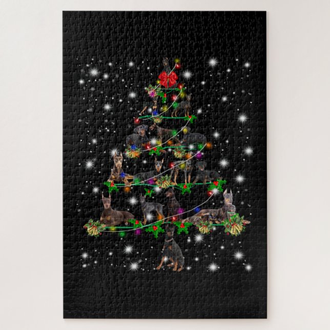 Puzzle Árbol De Navidad Doberman Cubierto De Lámparas (Vertical)
