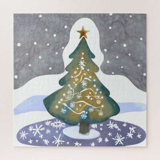 Puzzle Árbol de Navidad | Pintura de invierno acuarela (Vertical)