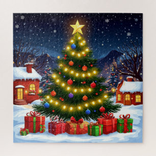 Puzzle Árbol de Navidad Resplandeciente en Pueblo Nevado