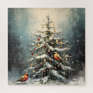 Puzzle Árbol de Navidad Rústico de Invierno con Nieve y P