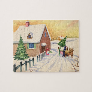Puzzle Árbol de Navidad vintage en un camino invernal nev