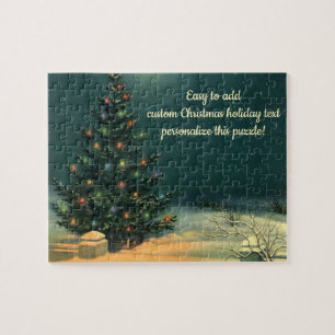 Puzzle Árbol de Navidad vintage por la noche con luces y