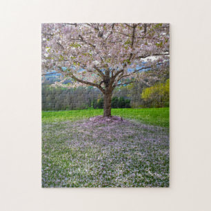 Puzzle Árbol floreciente de cerezo rosa con bosques