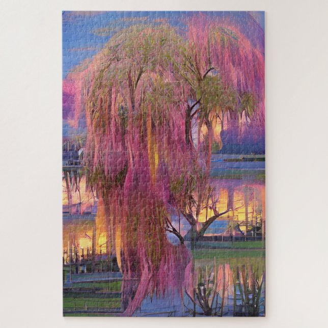 Puzzle Árbol guiado rosado al atardecer junto al estanque (Vertical)