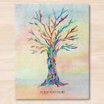 Puzzle Árbol mosaico de texto personalizado<br><div class="desc">Este singular rompecabezas está decorado con un colorido árbol de mosaicos sobre un fondo acuático. Personalizable fácilmente con el nombre de su familia o cita inspiradora. Mosaico original y acuarela © Michele Davies.</div>