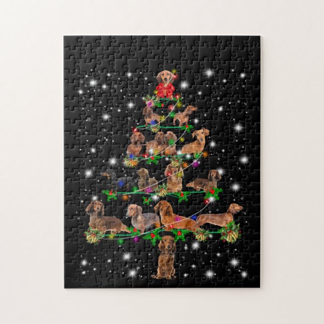 Puzzle Árbol navideño de Dachshund cubierto por linterna (Vertical)