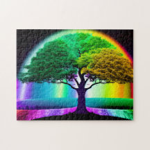 Árbol radiante de vida con fondo arcoiris