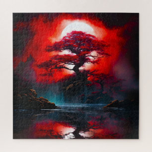 Puzzle Árbol Rojo Místico Bajo Luna Llena