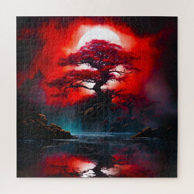 Puzzle Árbol Rojo Místico Bajo Luna Llena (Vertical)