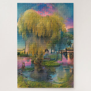 Puzzle Árbol salvaje al atardecer junto al estanque