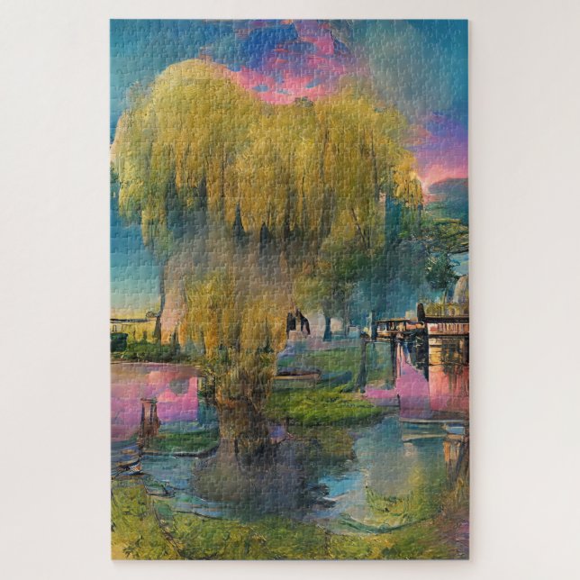 Puzzle Árbol salvaje al atardecer junto al estanque (Vertical)