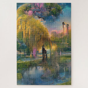 Puzzle Árbol salvaje dorado al atardecer junto al estanqu
