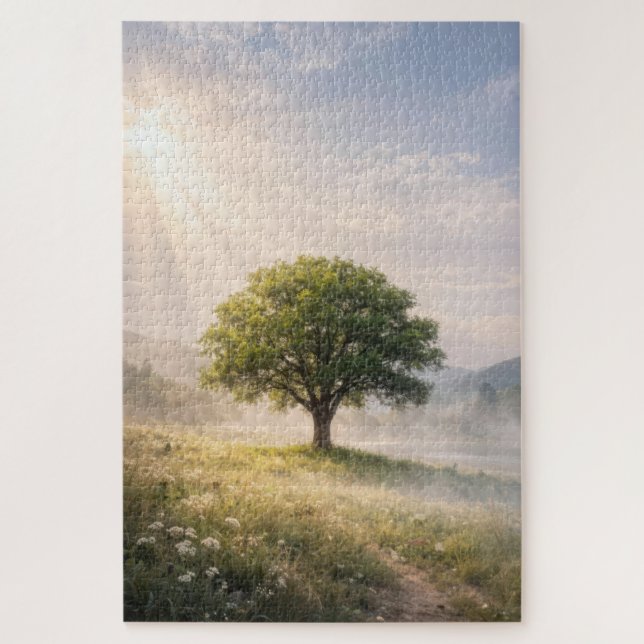 Puzzle Árbol verde solitario con rayos de sol (Vertical)