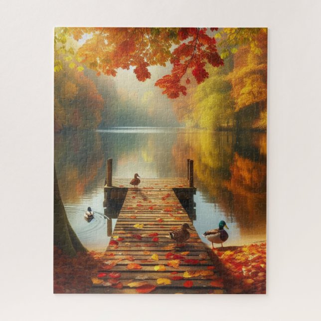 Puzzle Árboles de otoño y lago con patos (Vertical)