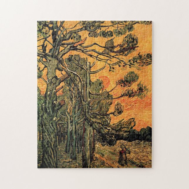 Puzzle Árboles de pino contra un cielo rojo con puesta de (Vertical)