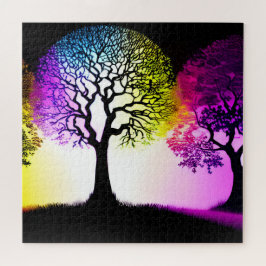 Puzzle Árboles de silueta negra con colores vibrantes