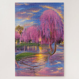 Puzzle Árboles frutales rosas al atardecer junto al estan