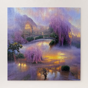 Puzzle Árboles frutales rosas al atardecer junto al estan