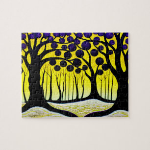 Puzzle Árboles negros con morado bajo cielo amarillo