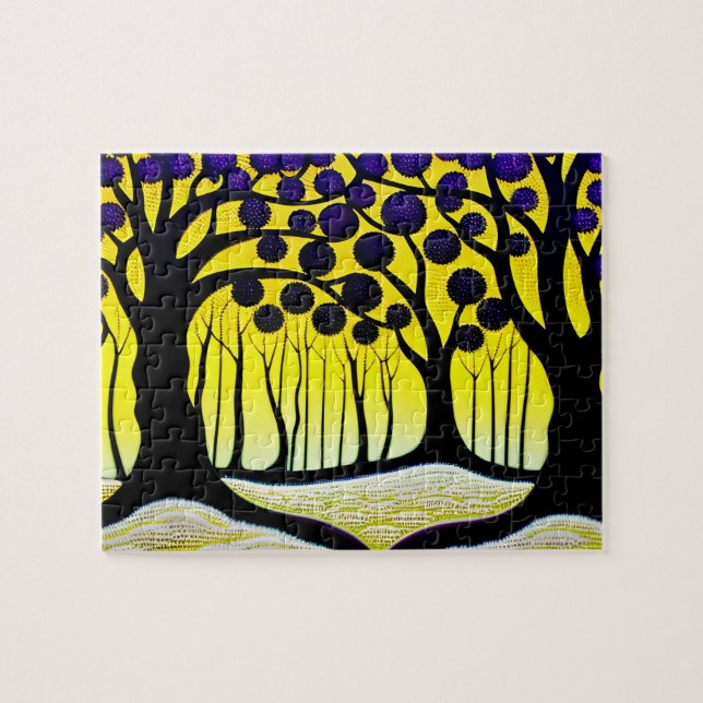 Puzzle Árboles negros con morado bajo cielo amarillo (Horizontal)