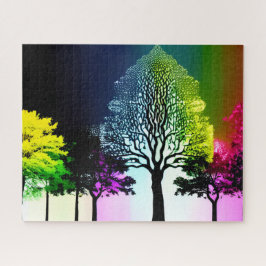 Puzzle Árboles negros de silueta con fondo arcoiris