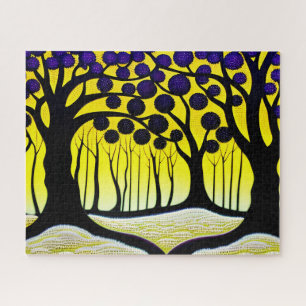 Puzzle Árboles negros Fruta púrpura con fondo amarillo