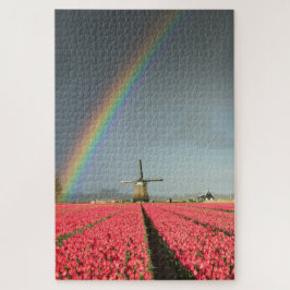 Puzzle Arco iris, tulipanes y molino de viento en Holanda