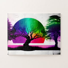 Puzzle Arcoiris abstracto detrás de siluetas de árbol neg