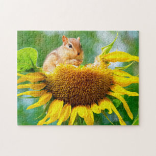 Puzzle Ardilla Comiendo Foto/Pintura de Girasol Amarillo