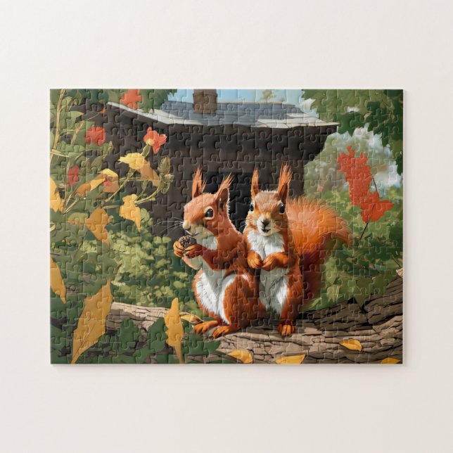 Puzzle Ardillas rojas felices en una casa de árbol (Horizontal)