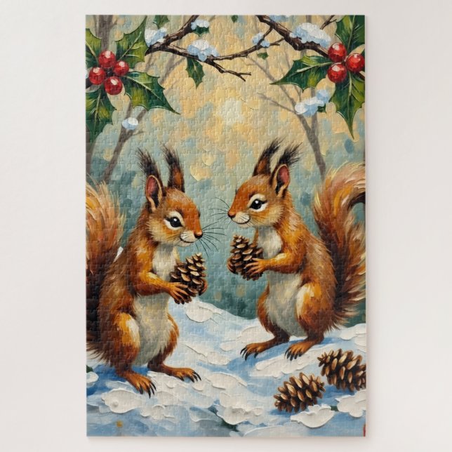 Puzzle Ardillas vintage recogiendo piñas de Navidad (Vertical)