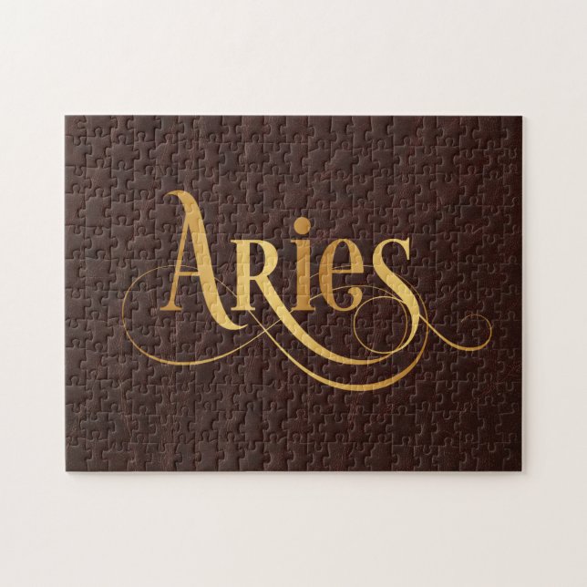 Puzzle Aries Swirly Script Gold sobre el cuero (Horizontal)