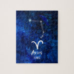 Puzzle Aries Zodiac Constellation Blue Galaxy Monograma<br><div class="desc">Aries Zodiac Constellation Blue Galaxy Monograma Diseño. Con el estilo de moda Brushed Script Font, textura de fondo de color azul oscuro celeste, constelación brillante y el símbolo The Ram. Rótulo Astrológico Moderno Horóscopo de nacimiento, es perfecto para cualquier cumpleaños acuario del 21 de marzo al 19 de abril !...</div>