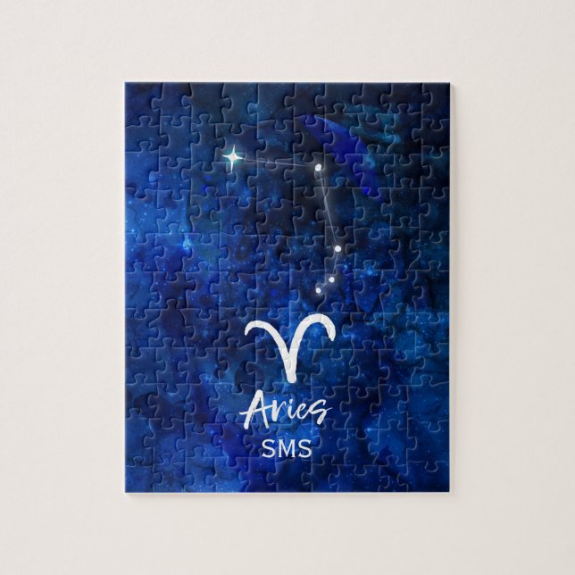 Puzzle Aries Zodiac Constellation Blue Galaxy Monograma (Vertical)