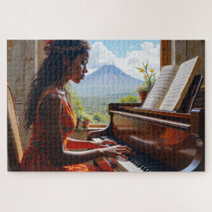 Puzzle Armonía floral - Mujer en Piano con Vista de la Na