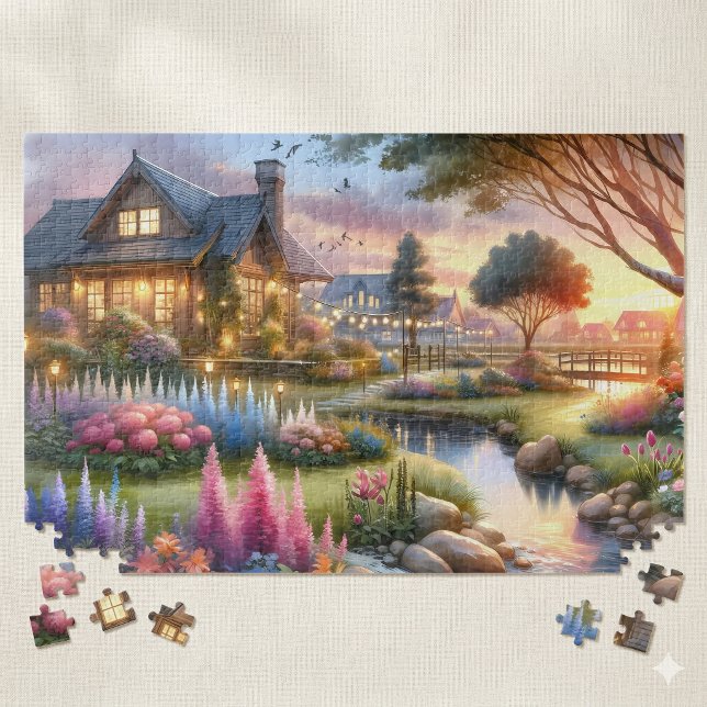 Puzzle Arroyo de jardín de cabaña al atardecer (Cottage Garden Stream at Sunset Jigsaw Puzzle)