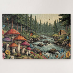Puzzle Arroyo del Bosque Caprichoso con Hongos, Mariposas