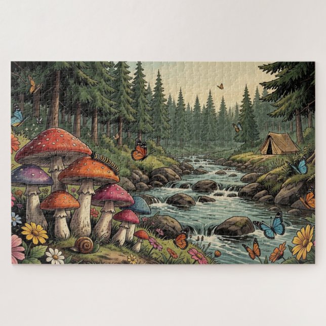 Puzzle Arroyo del Bosque Caprichoso con Hongos, Mariposas (Horizontal)