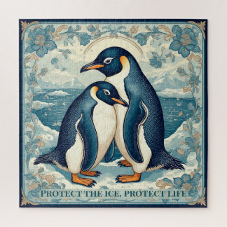 Puzzle Art Deco Penguin Ice Bird Couple Floral Snow Ocean