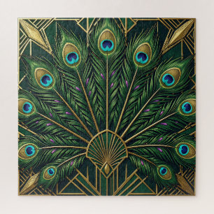 Puzzle Art Deco Plumas de Pavo Real Verde Esmeralda Dorad
