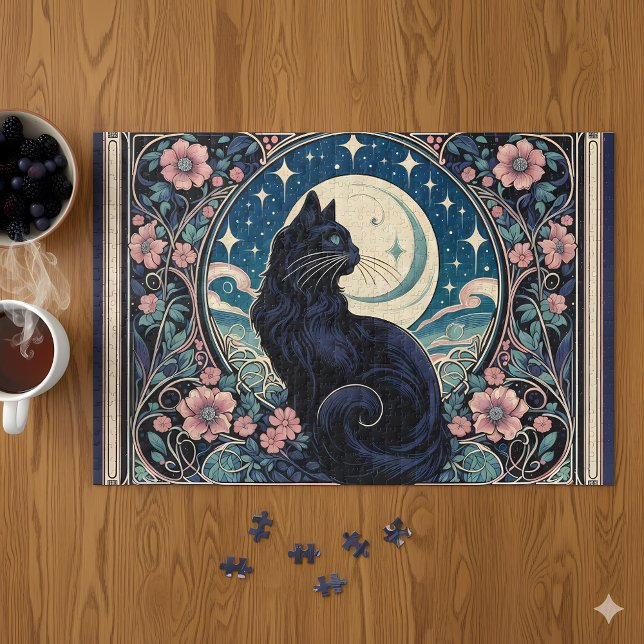Puzzle Art Nouveau de Gato Negro místico (Mystical Black Cat Art Nouveau Jigsaw Puzzle Mockup A)